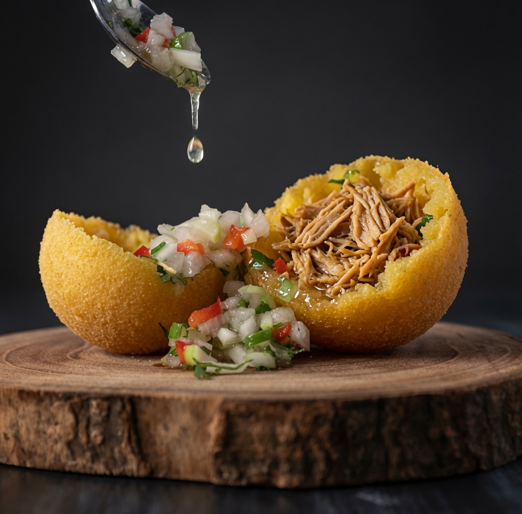 Dos buñuelos de yuca dorados y crujientes abiertos a la mitad sobre una rodaja de tronco de madera rústica, mostrando un relleno de carne y un aliño venezolano fresco chorreando desde una cuchara de metal