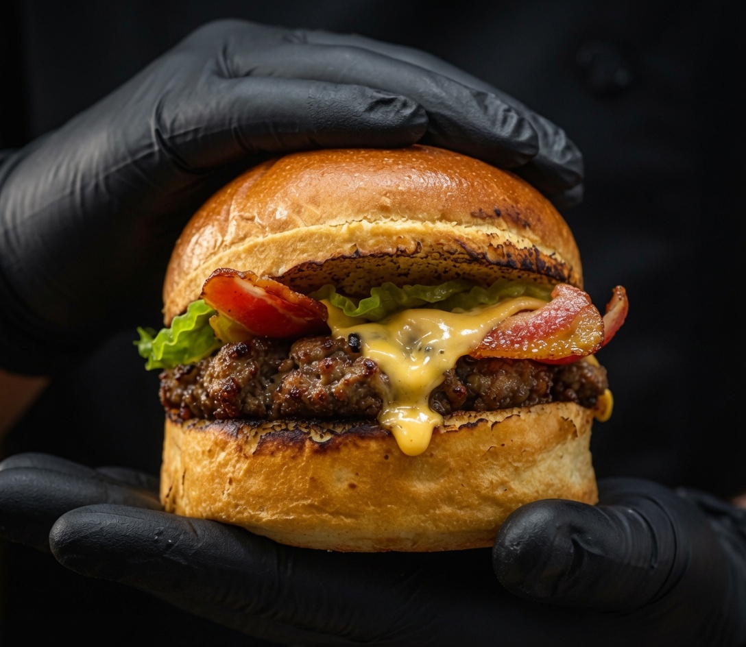 Primer plano de una hamburguesa gourmet perfecta sostenida por una mano con guante negro de nitrilo, mostrando pan brioche tostado, tocineta crujiente, queso cheddar derretido sobre la carne, lechuga y pepinillos