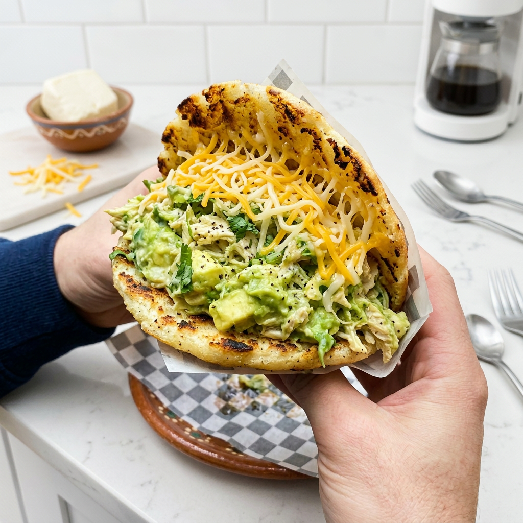 Grilled arepa filled with shredded chicken, creamy avocado, melted cheese, and fresh herbs