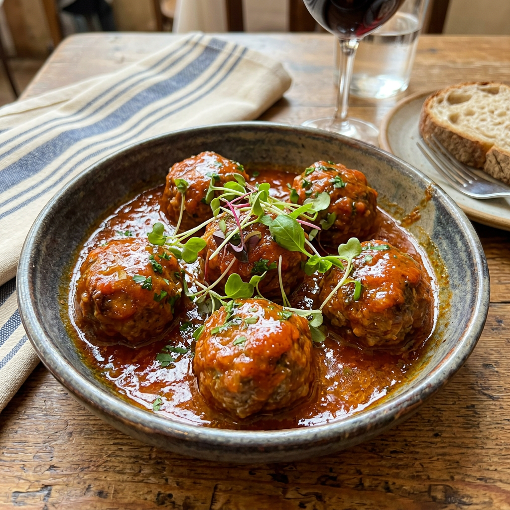 Six meatballs in tomato sauce garnished with fresh microgreens in a ceramic bowl