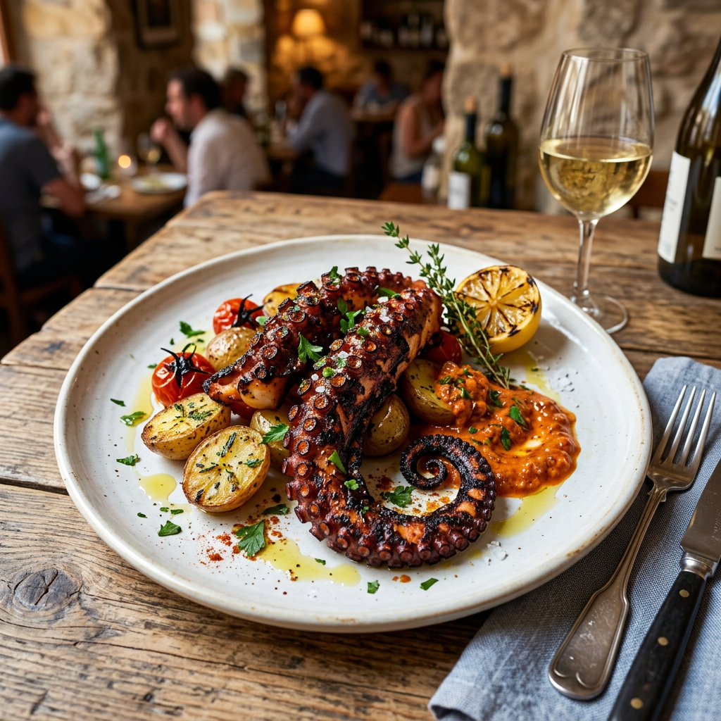 Grilled octopus with roasted potatoes, cherry tomatoes, sauce, and a grilled lemon half on a white plate with a glass of white wine