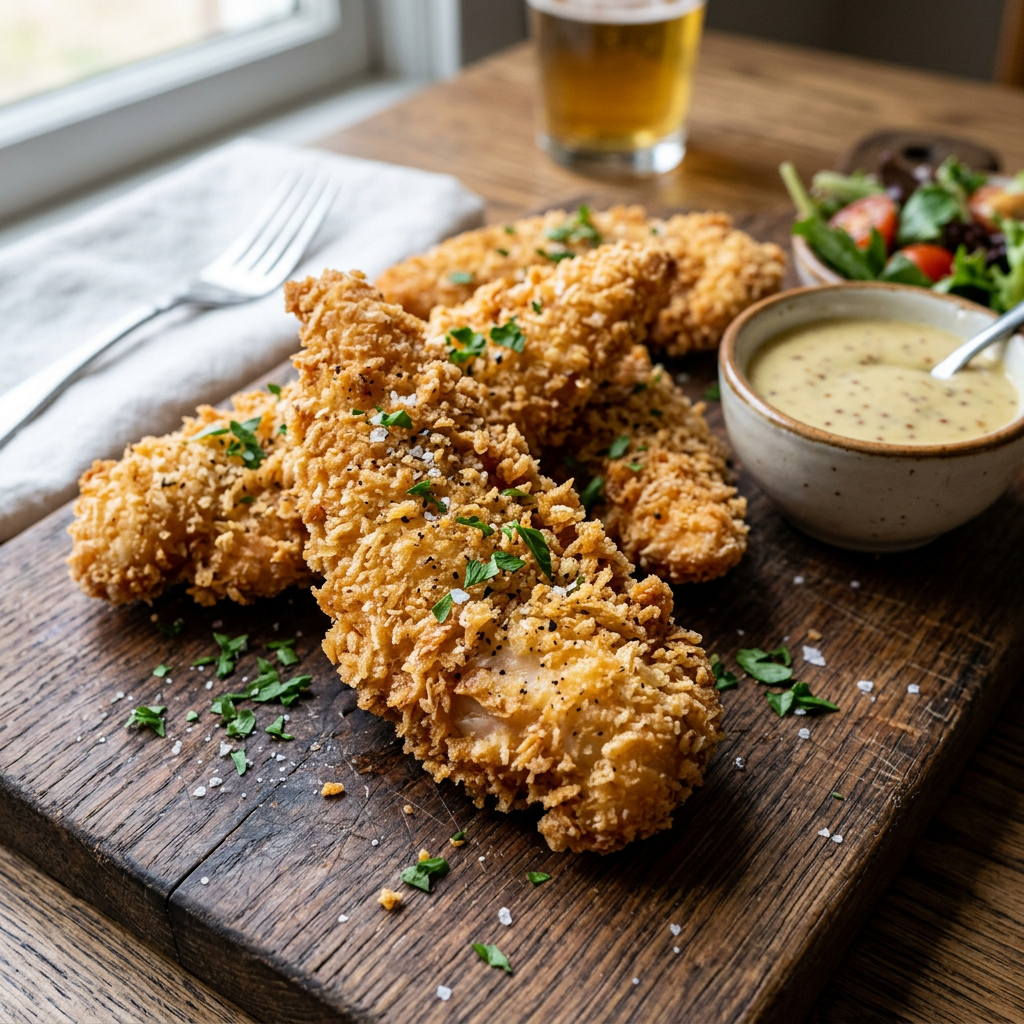 Crispy fried chicken tenders sprinkled with herbs and salt on a wooden board with mustard sauce and salad